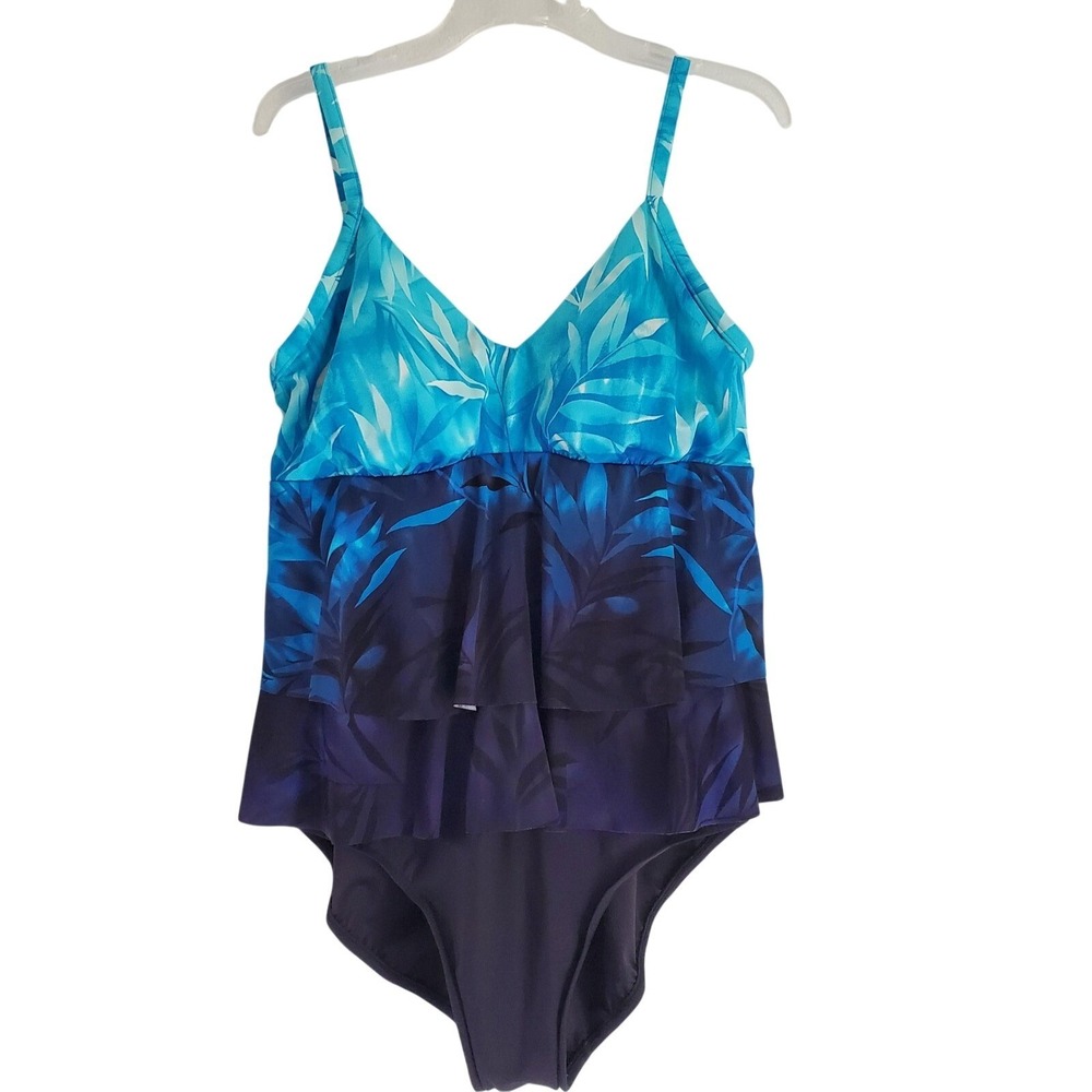 Miraclesuit Swimsuit Womens 16 Blue One Piece Tiered Ruffle Tummy Control Bra